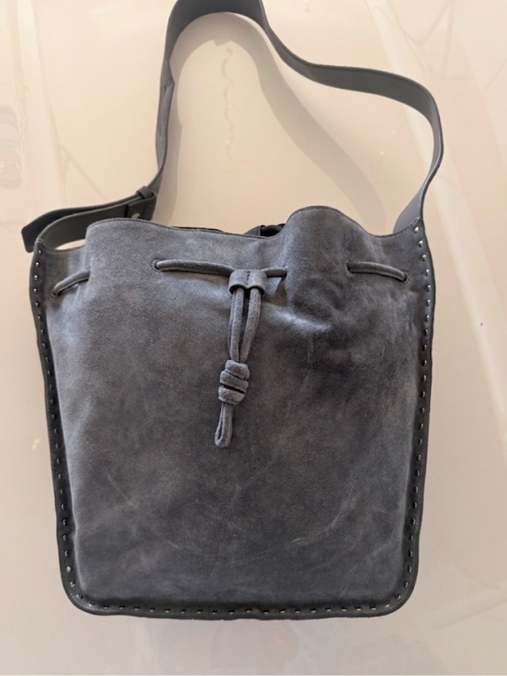 NWT Rebecca Minkoff Suede StuddedDrawstring Shoulder Bag - Blue/Gray - Picture 2 of 6